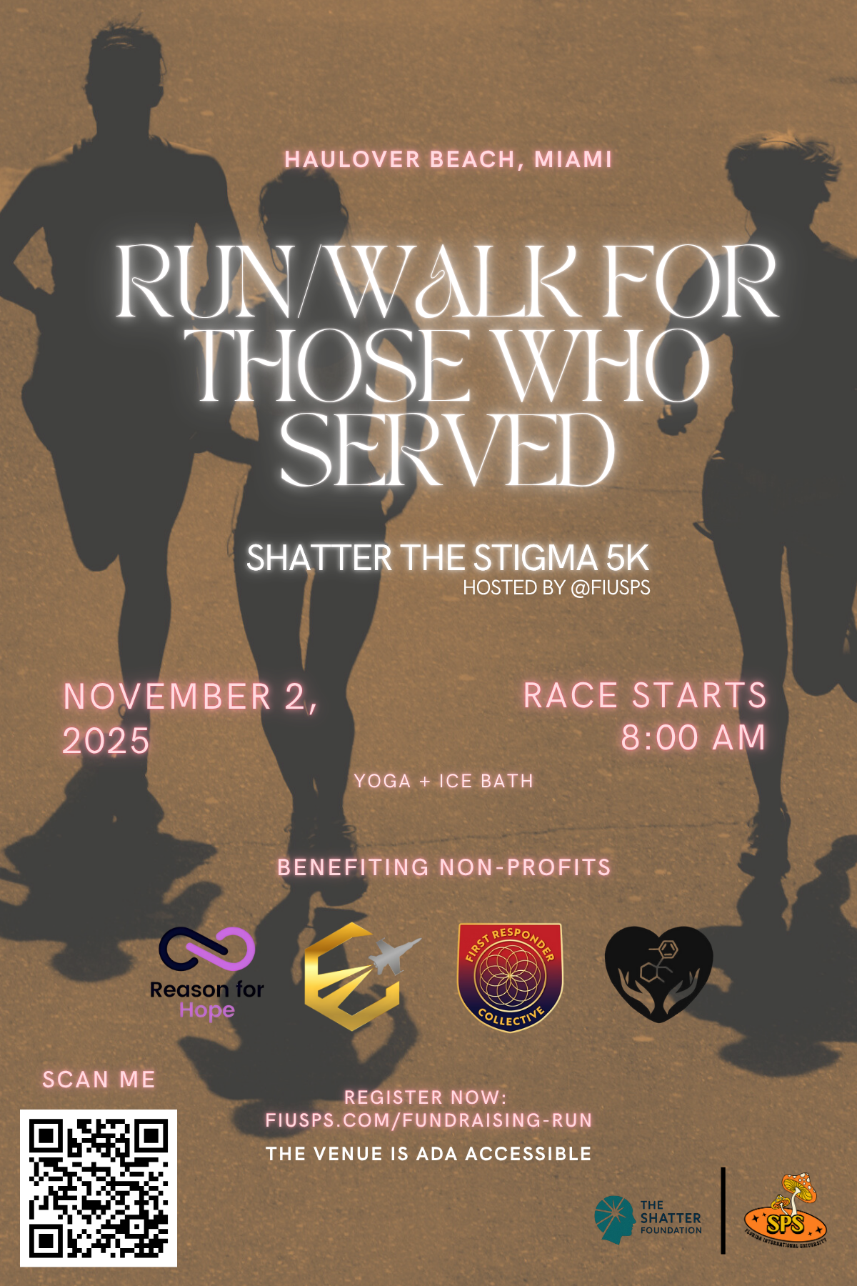 Promotional poster for Shatter The Stigma 5K with silhouettes of runners and text details.